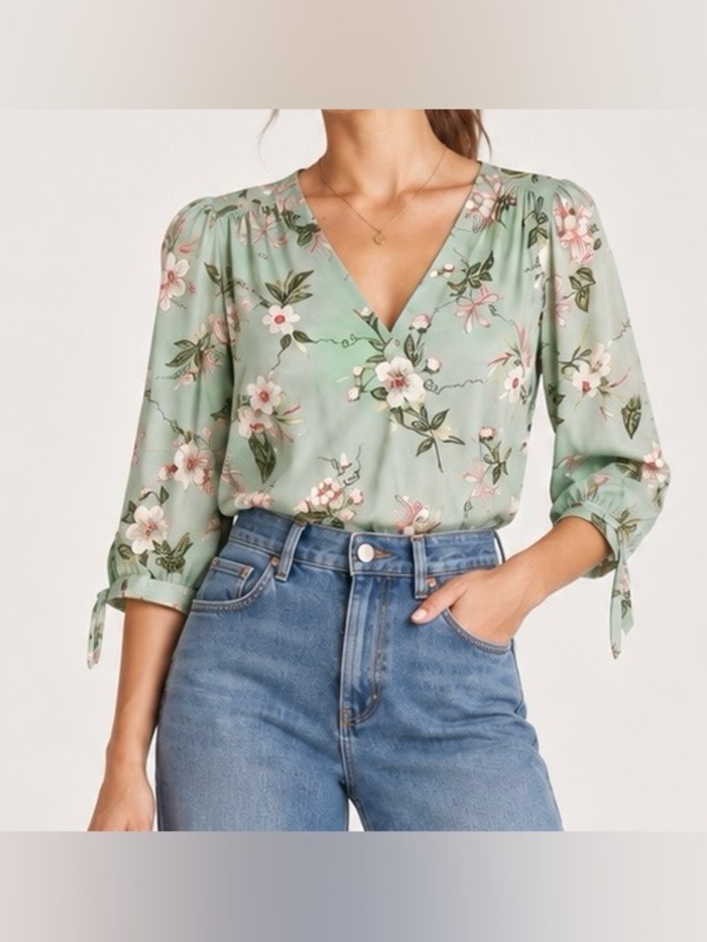 Rebecca Taylor Silk Sea Foam Floral V-Neck 3/4 Sleeve Tie Cuff Woven Blouse 10